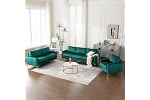 DEOLME 3 Piece Green Sofa Set Living Room Furniture Sets, Comfy Sofa and Loveseat and Chair, Velvet Tufted 3 Seater Couch Sets for Bedroom Office juegos de muebles de sala Modern Soft Cushioned& Golden Leg