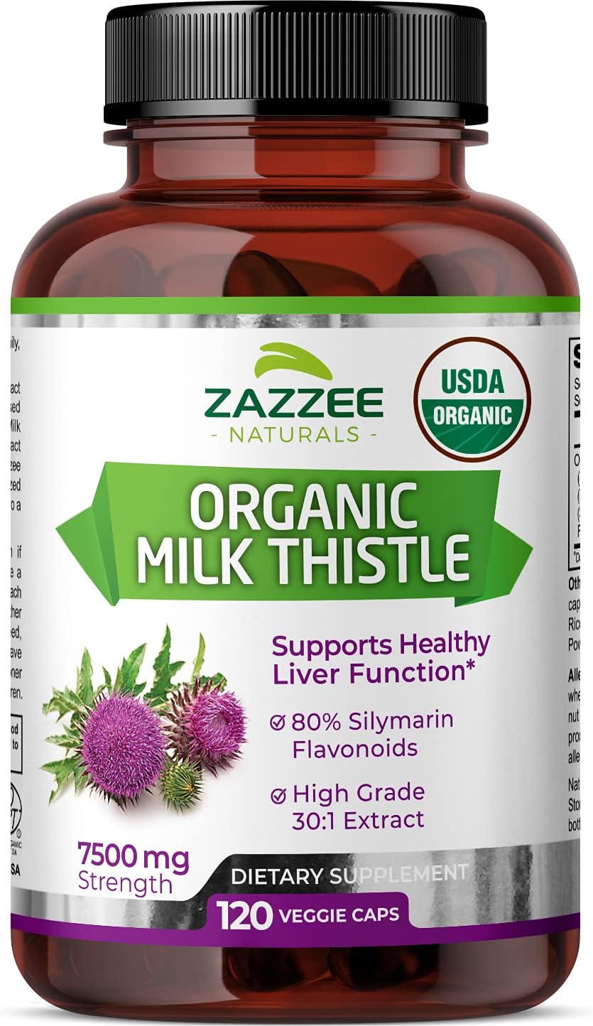 Zazzee USDA Organic Milk Thistle Extract Capsules, 120 Vegan Capsules, 7500 mg Strength, 80% Silymarin Flavonoids, Potent 30:1 Extract, USDA Certified Organic, Vegan, Non-GMO and All-Natural: Health & Personal Care