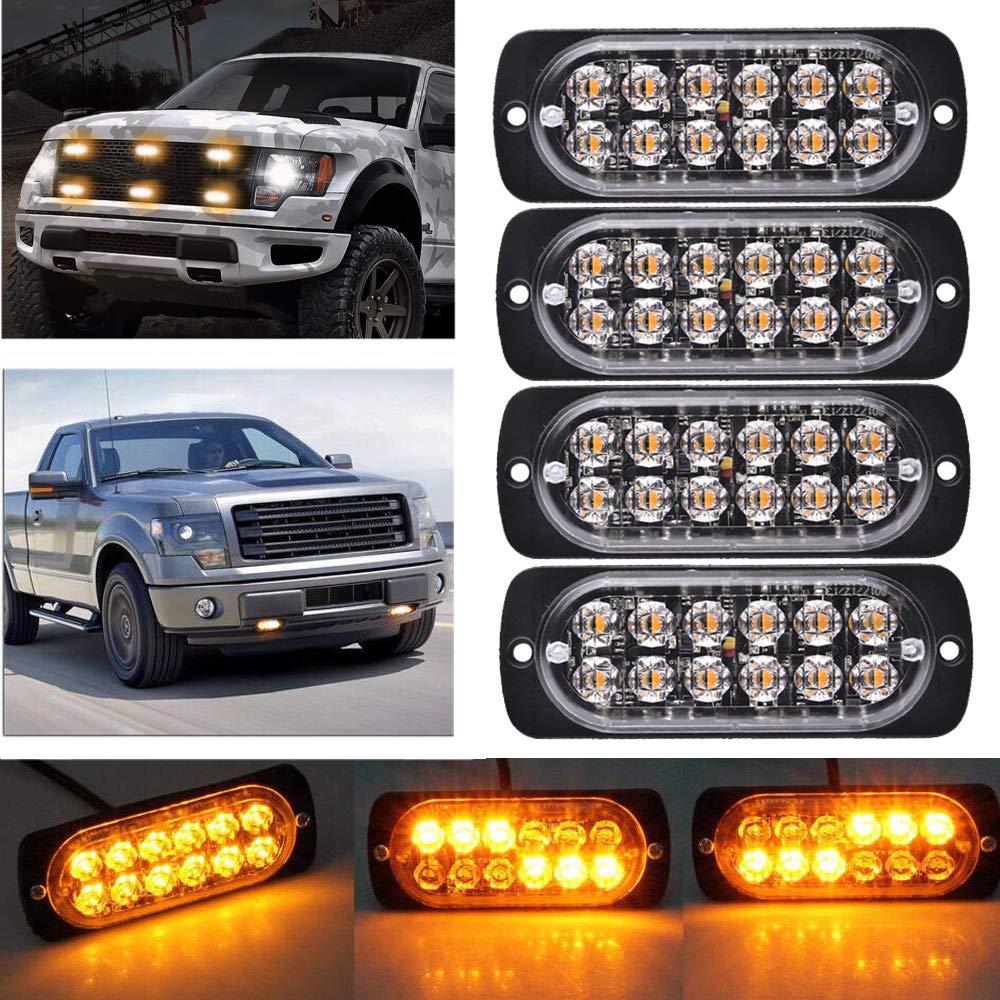 Ricoy Super Bright Amber 12-LED 12-24V 36W Car Truck Warning Caution Emergency Construction Waterproof Beacon Flash Caution Strobe Bumper Grill Tail Work Light Bar