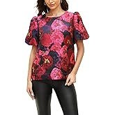 Kedera Women's Floral Jacquard Shirt Crewneck Puff Sleeve Blouse Elegant Work Shift Tops