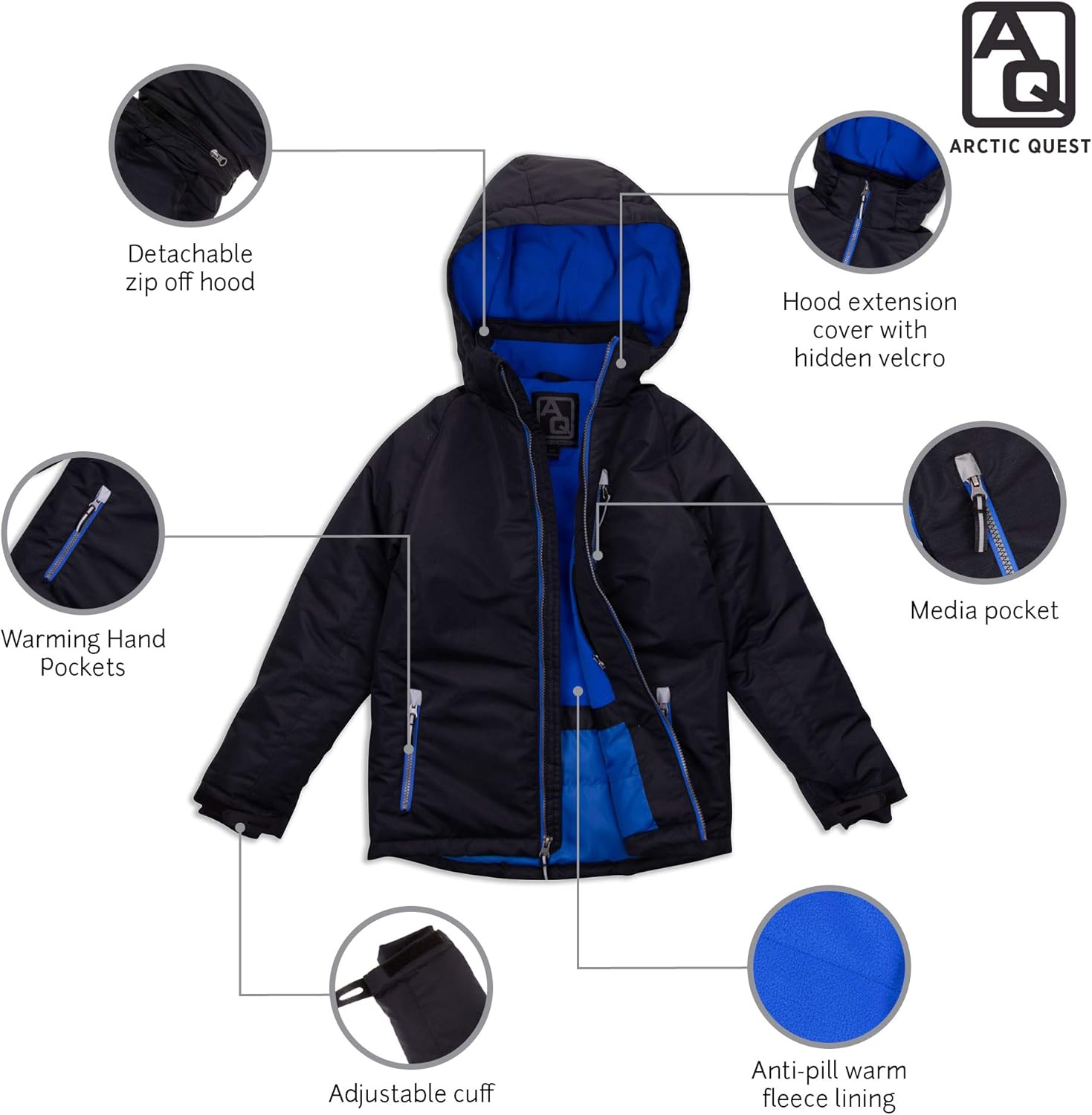 Arctic Quest Boys Windproof Waterproof Insulated Hooded Winter Snow and Ski Jacket with Zippered Pockets: Clothing