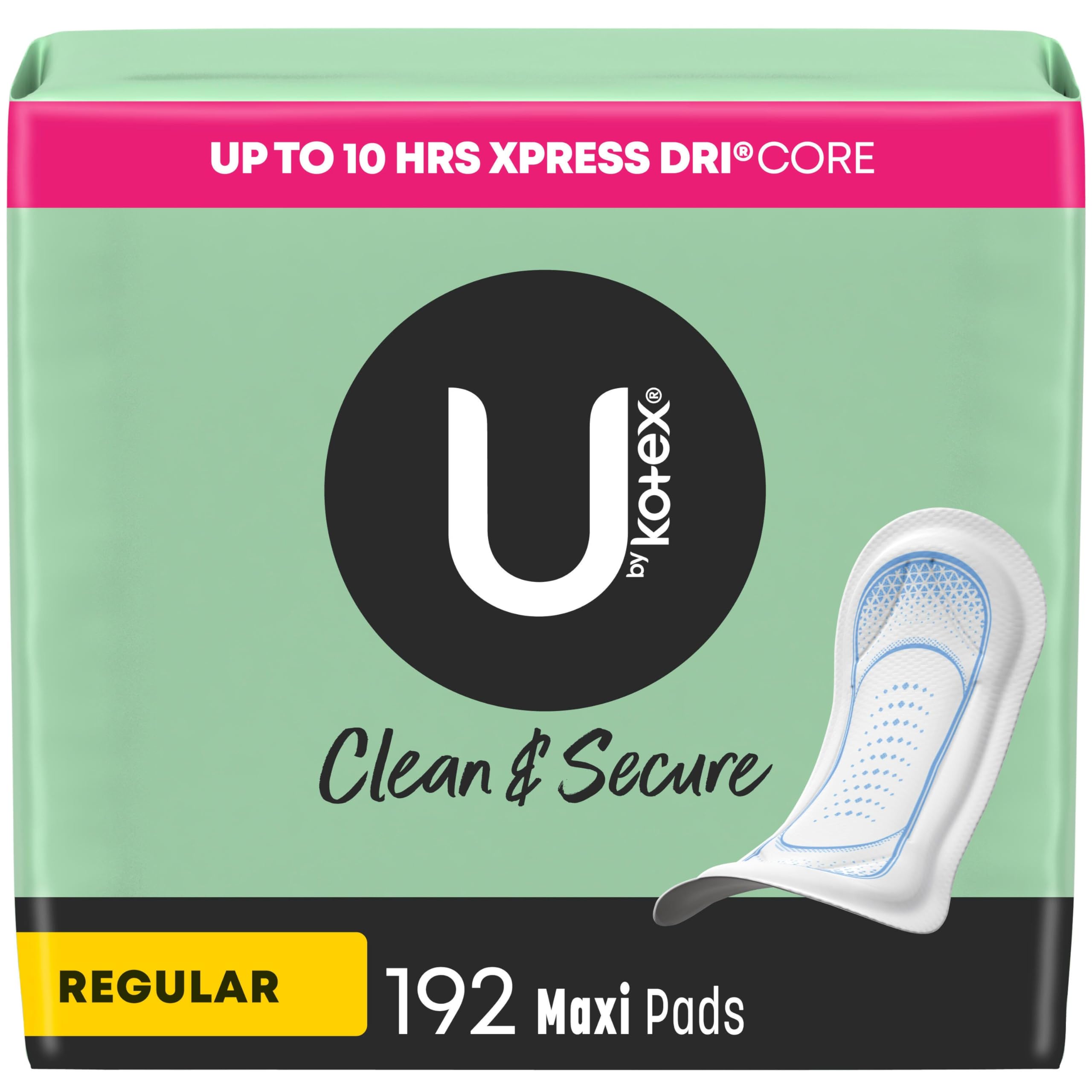Photo 1 of U by Kotex Clean & Secure Maxi Pads, Regular Absorbency, 192 Count (4 Packs of 48) (Packaging May Vary)