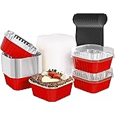 Ksmxos 25 Pack Square Mini Cake Pans with Lids,Mini Loaf Pans with Lids,Aluminum Foil Baking Cups,Disposable Ramekins Cupcake Cups,Dessert Cups for Wedding Birthday Party Picnics,5oz (Red)