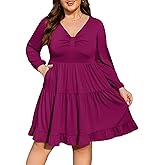 Manllenshie Women's Plus Size Casual Work Dress Long Sleeve V Neck Flowy with 2 Pockets Boho Tiered Ruffle Hem Dresses