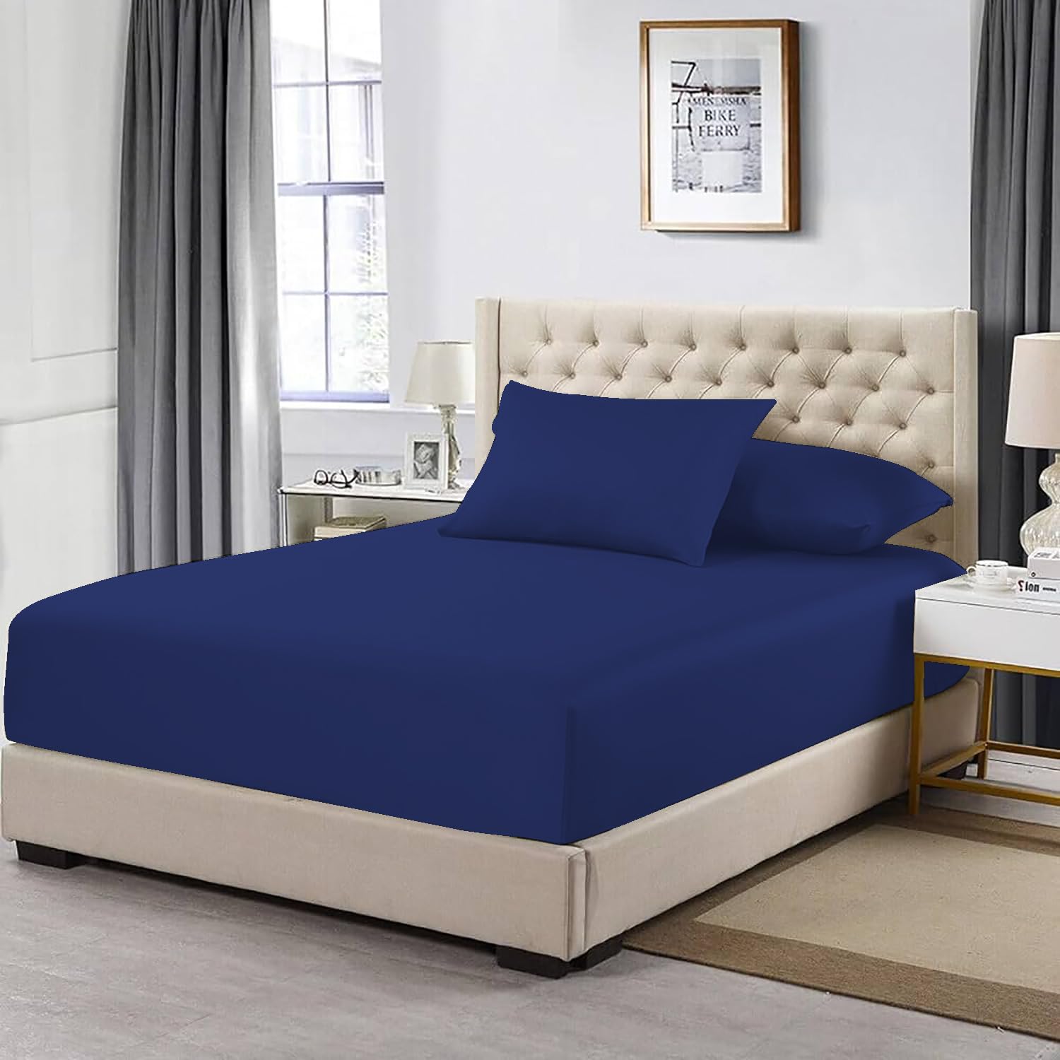 MistyMorning Extra Deep Fitted Sheet 16''/40cm, Egyptian Cotton bed sheets with 200 Thread Count, Soft & Premium quality Bedding & Linen (Navy, Double)