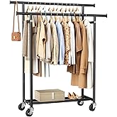 HYSEYY Clothes Rack, Double Rods Rolling Clothing Rack for Hanging Clothes, Portable Garment Rack with Wheels, Coat Rack Wardrobe Closet Load 240 LBS for Bedroom Laundry Room (Black, L)