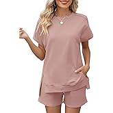 LOMON Womens Fashion 2 Piece Outfits Sweatsuits 2026 Summer Short Sleeve Loungewear Tracksuit Round Neck Lounge Shorts Sets