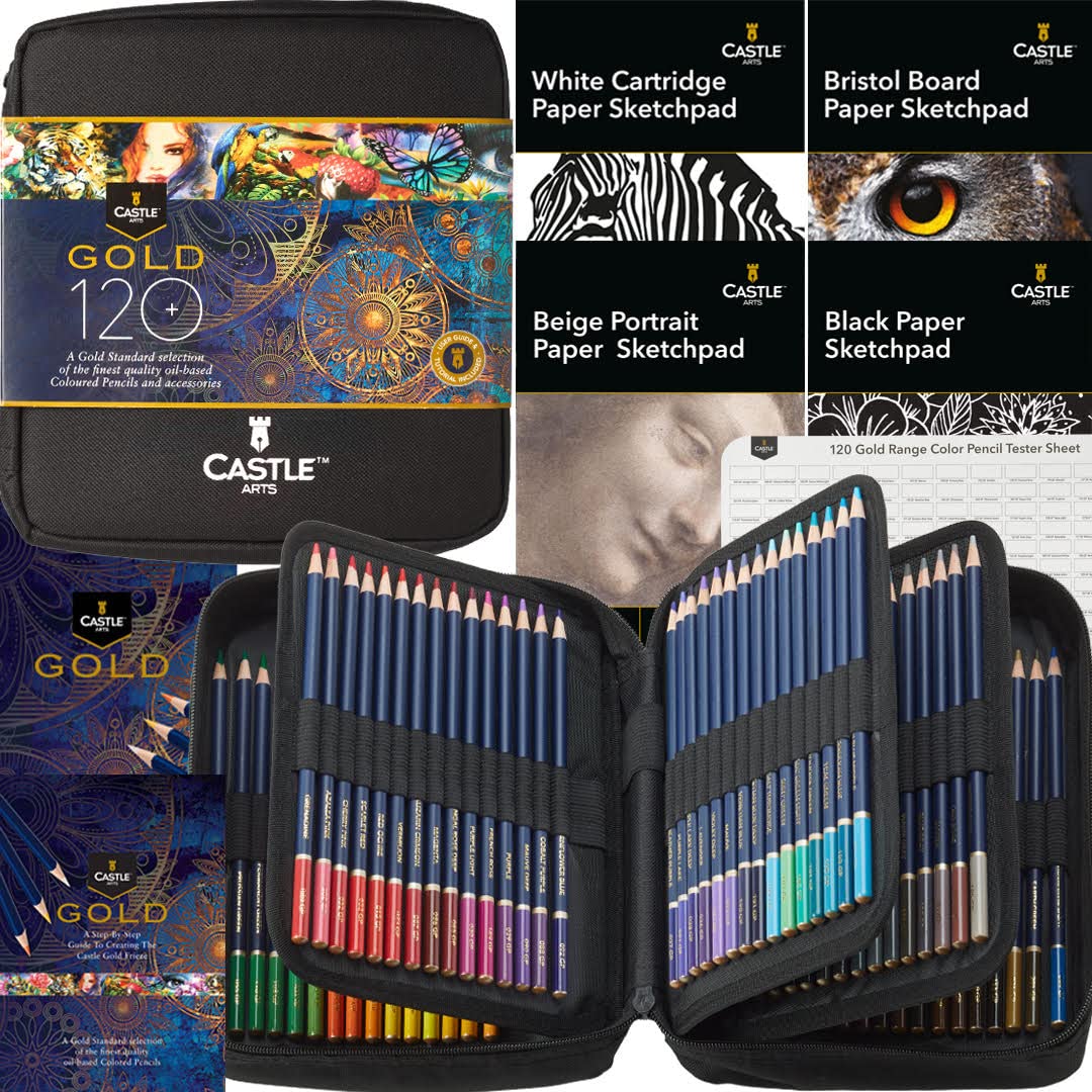 Castle Art Supplies Gold Standard 120 Colouring Pencils Set with Extras | Quality Oil-Based Coloured Cores Stay Sharper, Tougher Against Breakage | for Adult Artists, Colourists | in Zipper Case