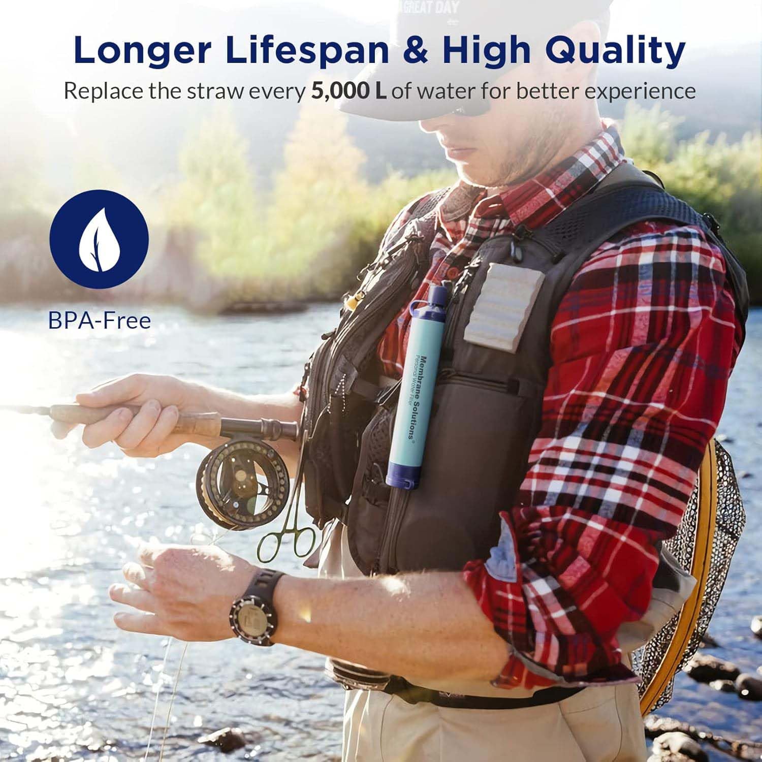 Membrane Solutions Straw Water Filter S1, NSF/ANSI 42&372&401 certificated, Survival Filtration Portable Gear, Emergency Preparedness, Supply for Drinking Hiking Camping Team Family Outing