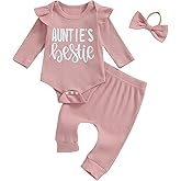 NZNDSHD Auntie Baby Clothes Girl Fall Winter Ribbed Knit Outfit Long Sleeve Romper Bodysuit Elastic Pants Headband Set