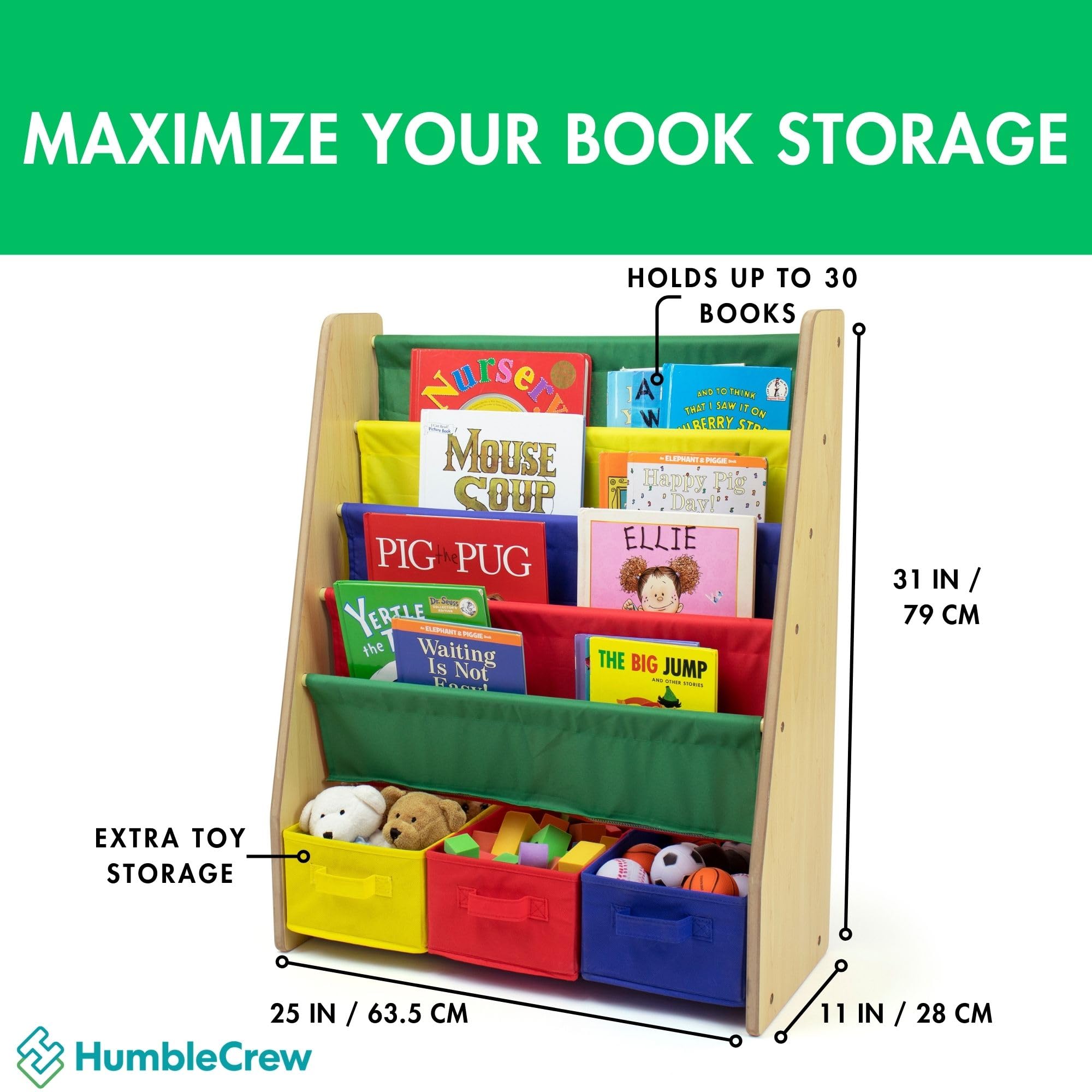 Humble Crew 4-Tier Kids Bookshelf and 3 Bins Toy Storage, Natural and Primary - Book Shelf for Kids Rooms with Four Deep Pockets - Toddler Sling Book Rack with Deep Sleeves, Nursery Bookcase Organizer