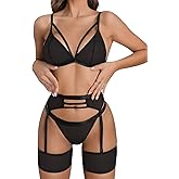 popiv Sexy Lingerie Set 4 Piece Garter Belt Bra and Panty with Thigh Cuffs | Sheer mesh fabric, adjustable straps & garter, h