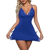Crexomi Women Sexy Side Slits Lace-trimmed Sleepwear Dress Chemise Babydoll Lingerie Modal Nightgown with Thong