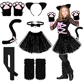 Haull 7 Pcs Halloween Cat Costume Accessories Girl Kid | Kitten Tail, Paw Gloves, Bell Choker Necklace, Glitter Tutu Skirt, Tights, Dress up for Halloween Party, Cosplay Roleplay