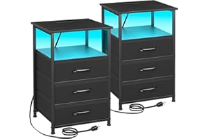 LOAKEKEL Nightstands Set of 2, Night Stand with Charging Station, Wide Tabletop End Table, Bedside Tables with 3 Fabric Drawers and LED Light Strip for Bedroom, HNS013BK
