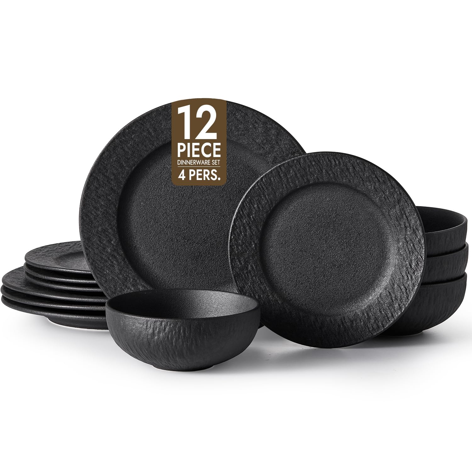 Photo 1 of KINGSTONE Black Dinnerware Sets with flatware, 32-Piece Matte Marble Pattern Premium Porcelain, Place Setting with Dinner Plate, Salad Plate, Pasta Bowl, Microwave and Dishwasher Safe