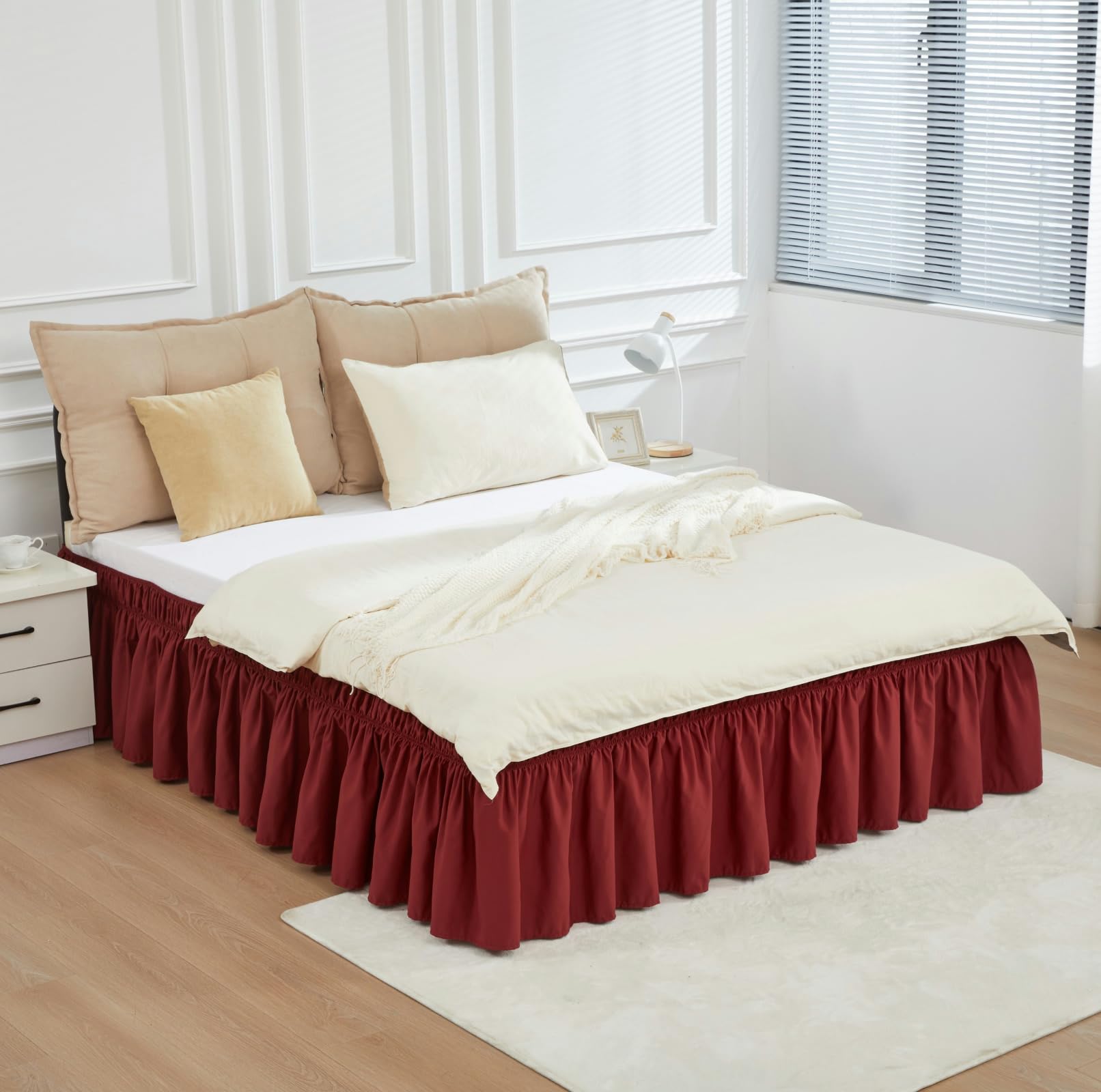 Wine Red Bed Skirt Queen 15" Drop, Elastic Wrap Around Bedskirt