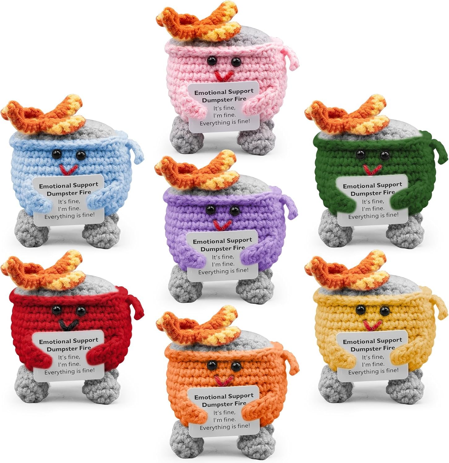 7 PCS Emotional Support Dumpster Fire Crochet, Funny Mini Handmade Doll with Encouragement Card, Cute Stocking Stuffers for Women Friend Men