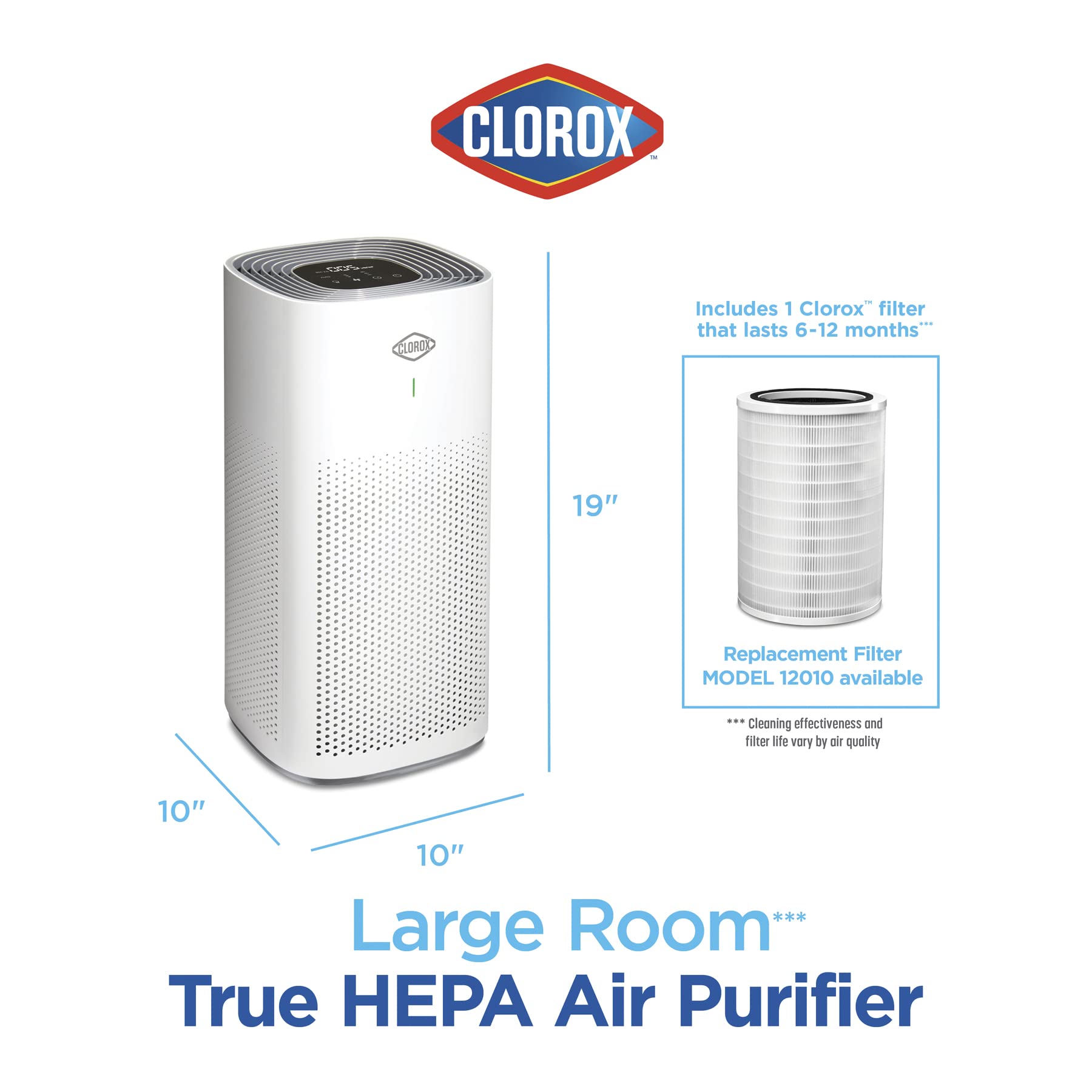 Clorox Air Purifiers for Home, True HEPA Filter, Large Rooms up to 1,500 Sq Ft, Removes 99.9% of Mold, Viruses, Wildfire Smoke, Allergens, Pet Allergies, Dust, AUTO Mode, Whisper Quiet