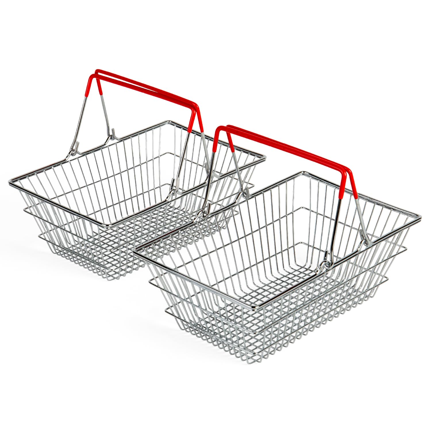 Bigjigs Toys Shopping Baskets | Set of 2 Realistic Metal Grocery Shop Toy | Comes with Small Collapsible Red Handles for Easy Storage | Accessories for Pretend Play | Toddler Gifts for Age 3+