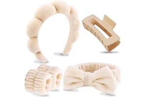 VELSCRUN 5 Pcs Khaki Puffy Sponge Spa Headband Bow Tie Hair Band Hair Clips Wristband Set, Spa Headbands for Wash Face, Makeup Headband, Facial Skincare Headbands Women Girls Hair Accessories Gifts