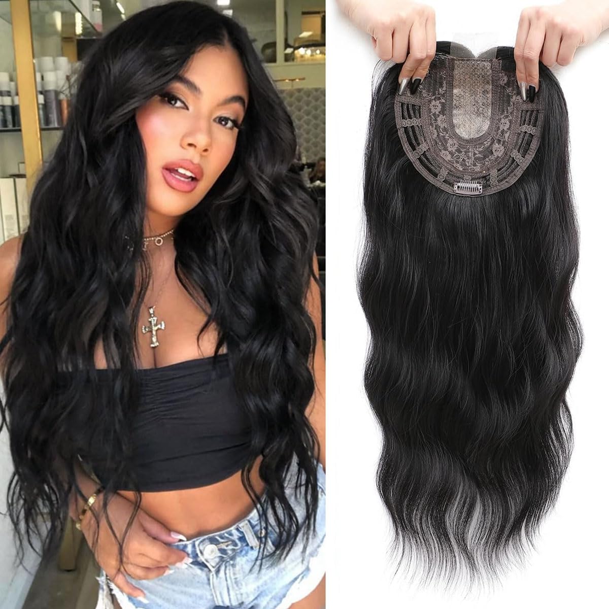 Fine Plus 20-Inch Wavy Hair Topper for Women With Thinning Hair - Natural Black Synthetic Clip-In Fringe Topper Hair Piece to Add Volume