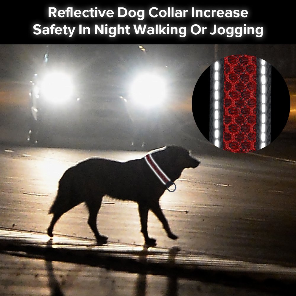 Reflective Dog Collar, Adjustable Waterproof Soft Mesh Fabric Pet Collars for Small, Medium, Large Dogs (M, RED)