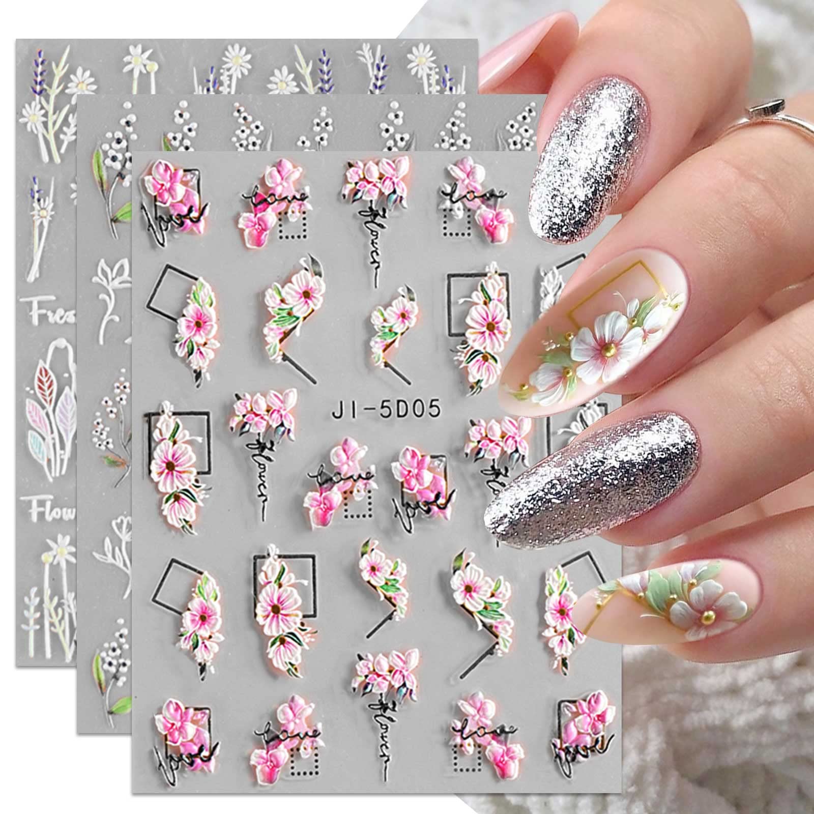 3D Embossed Flower Leaves Nail Art Stickers Decals 4 Sheets 5D Self-Adhesive Pegatinas Uñas Summer Nail Supplies Nail Art Design Decoration Accessories - Image 6