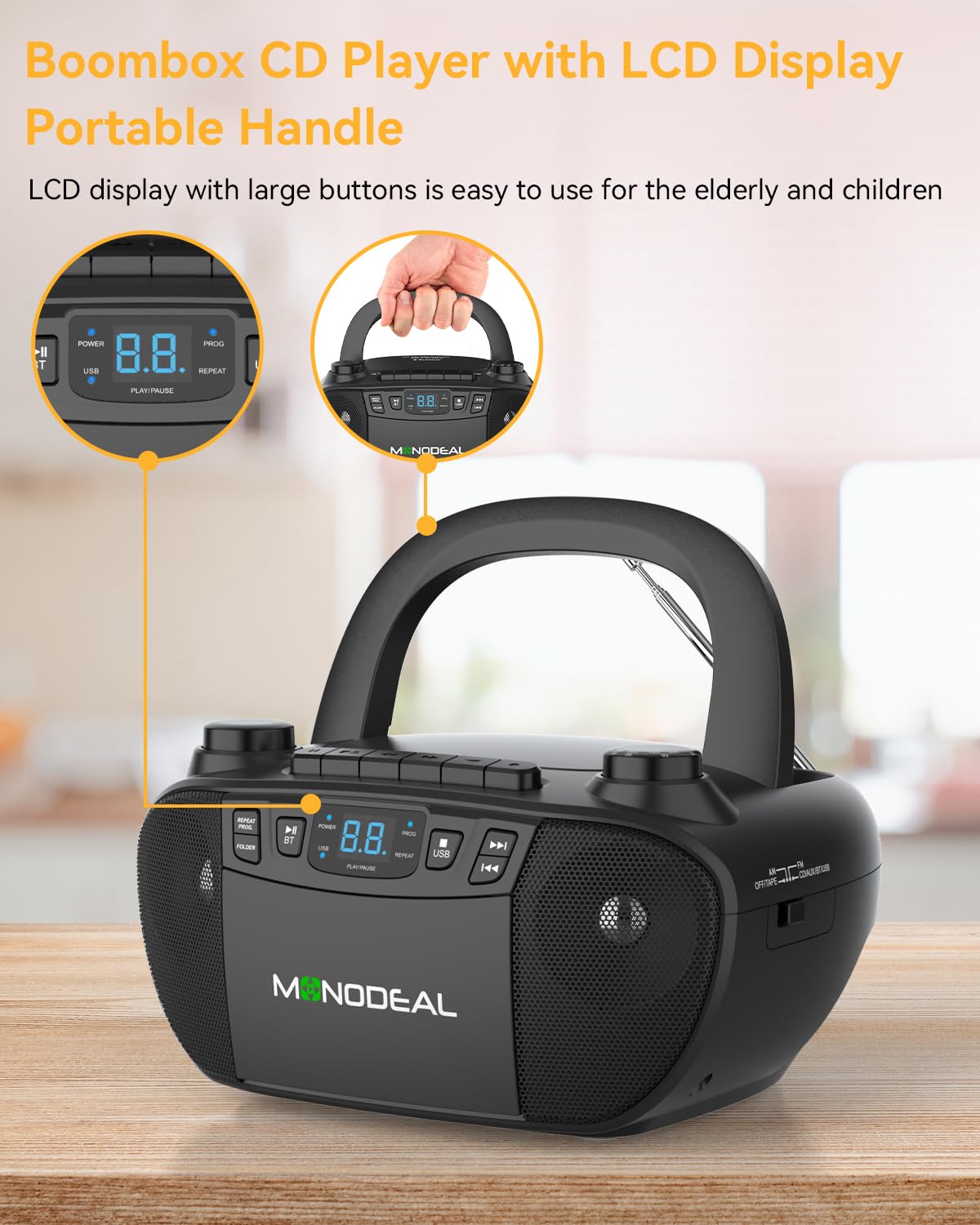 MONODEAL Cassette Tape Player with Bluetooth, Boom Box CD Player AM FM Radio, Multi-Functional CD and Cassette Player Combo,Tape Recording,USB/AUX,AC/DC Power,Headphone Jack for Gift