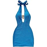 Milumia Women Metal Cut Out Backless Halter Mini Dress Sexy Textured Bodycon Pencil Dresses