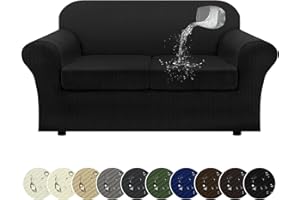 Pfrstuv 100% Waterproof Loveseat Cover 3-Piece Set Striped Loveseat Slipcovers for 2 Cushion Couch Sofa Covers with TPU Leakproof Bottom Stretch Couch Protector Pet Proof - Loveseat, Black