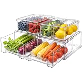 6Pack Fridge Organizers and Storage with Drain Trays,BPA-Free PET,Stackable | 2 Pull-Out Organizers & 4 Containers with Drain