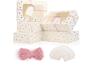 CHOUNYEE 24 PCS Christmas Cookie Boxes for Gift Giving, 9x6x3 Golden Star Christmas Treat Boxes with Window, Auto-Up Holiday Cookie Boxes,Baking Goods Packaging Box for Desserts, Mini Cake, Donuts