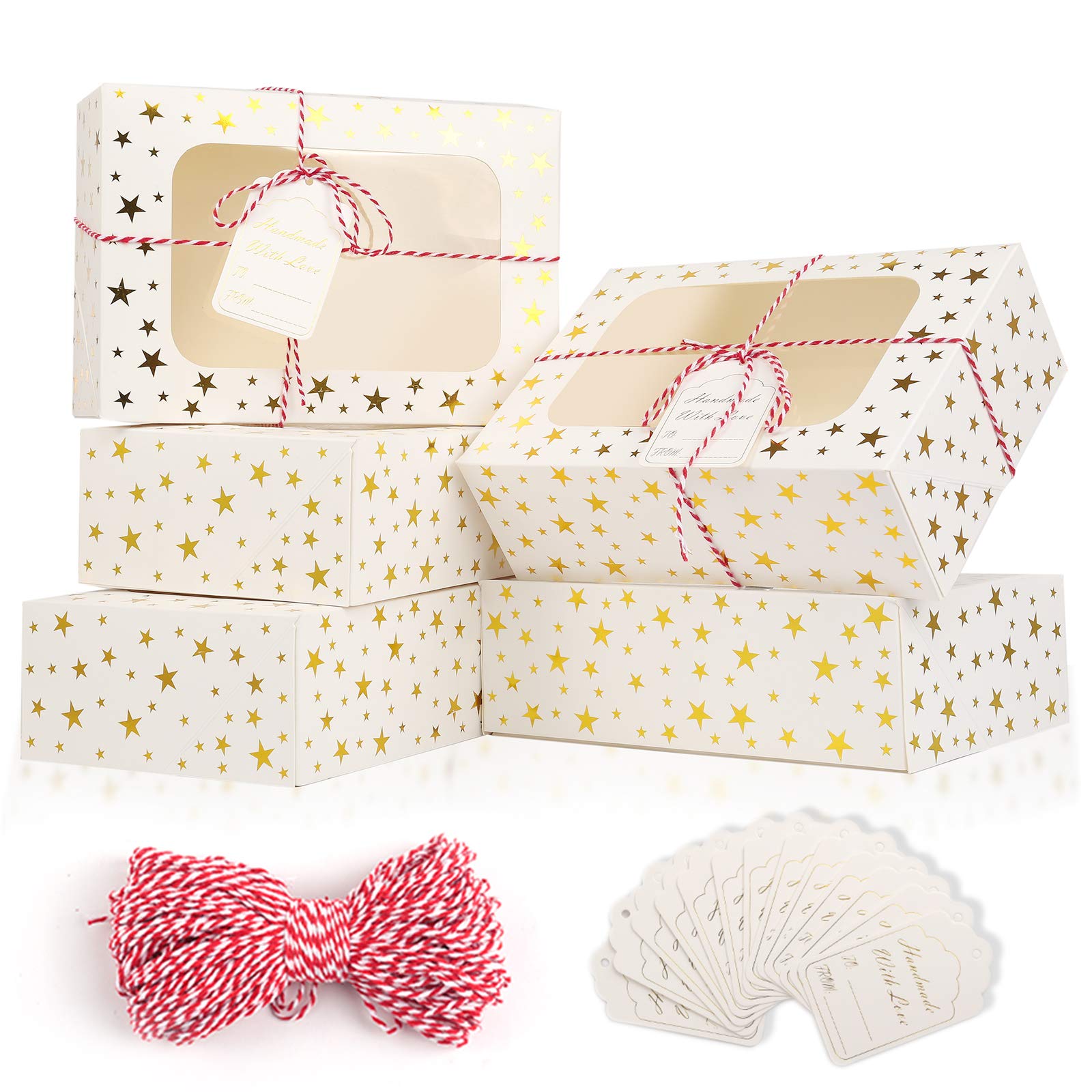Photo 1 of CHOUNYEE 24 PCS Christmas Cookie Boxes for Gift Giving, 9x6x3 Golden Star Christmas Treat Boxes with Window, Auto-Up Holiday Cookie Boxes,Baking Goods Packaging Box for Desserts, Mini Cake, Donuts