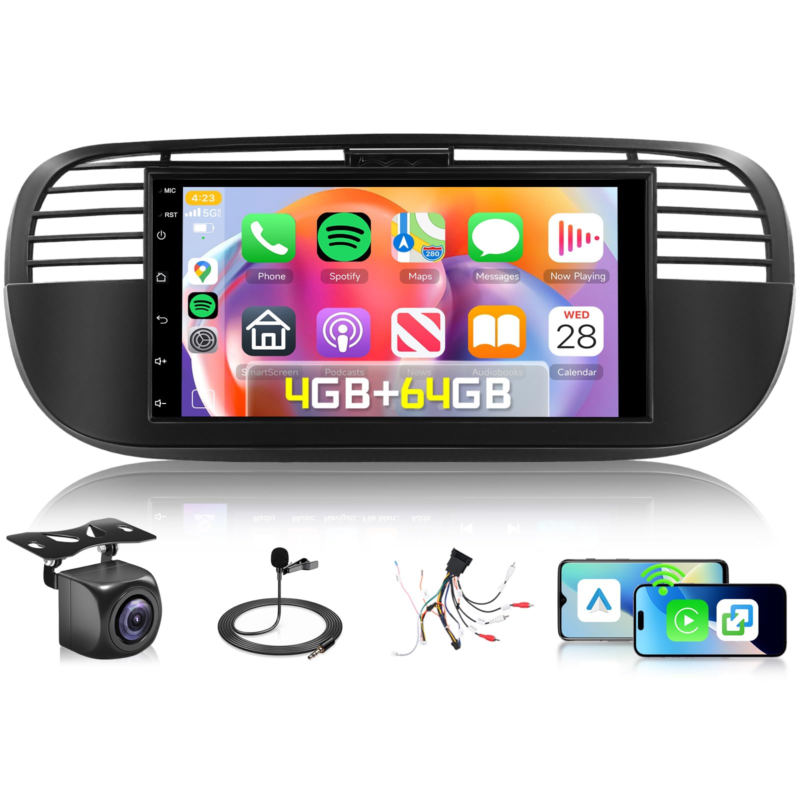 Photo 1 of 4G+64G Android Stereo for Fiat 500 2007-2015 Radio Upgrade 7 Inch Touch Screen Head Unit, Driauto Double Din Car Stereo with Wireless Carplay Android Auto GPS WiFi DSP Bluetooth FM RDS Backup Camera