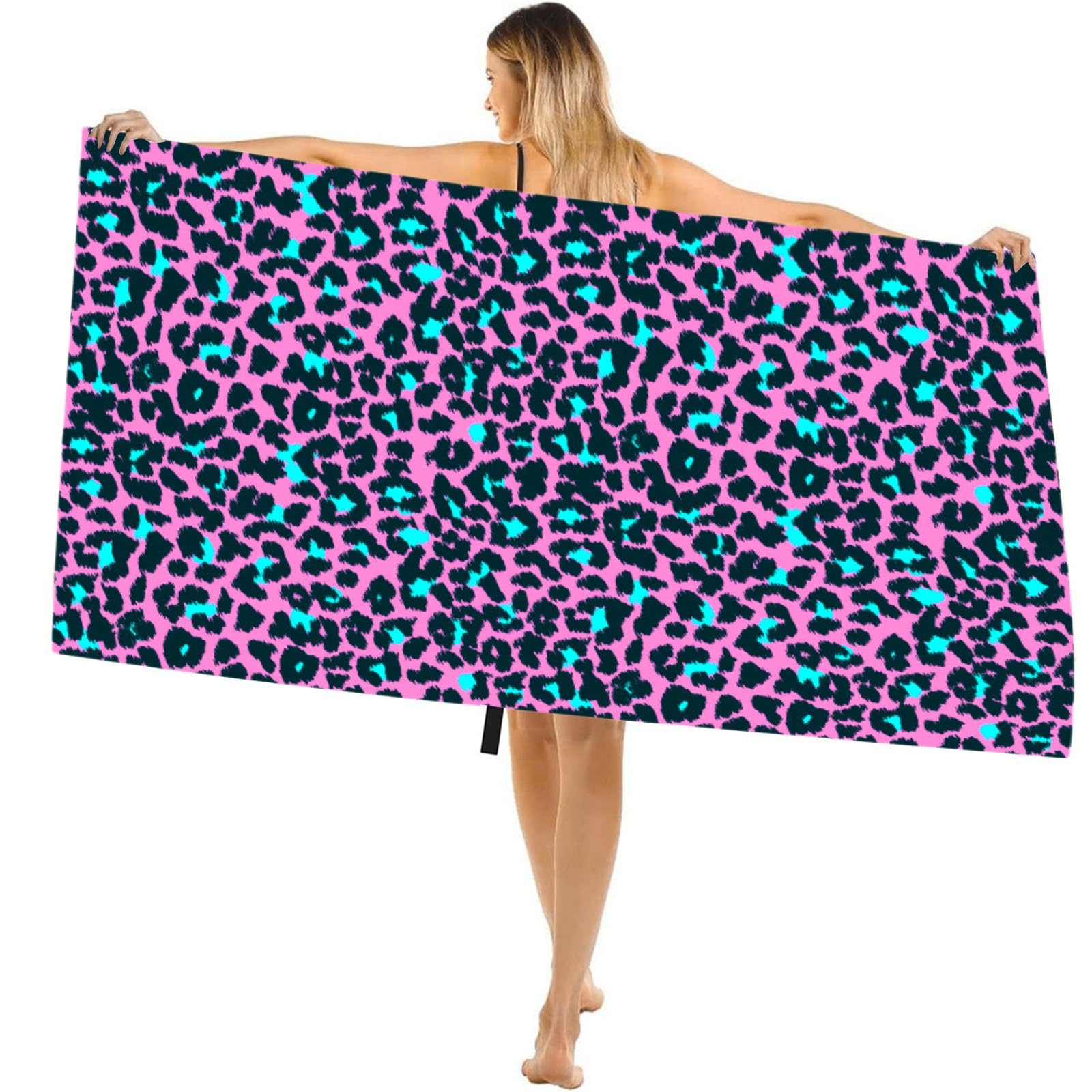 Large Microfibre Beach Towel for Adult,160x90cm Pink Leopard Print Sand Free Beach Towel,Lightweight Quick Dry Travel Swimming Towel with Bag,Compact and Thin Sports Towel Yoga Gym for Women Men