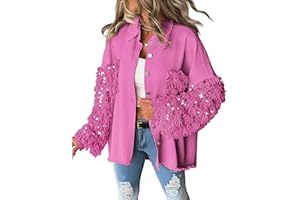 CHICME BEST SHOPPING DEALS Womens Jacket Sequin Patchwork Long Sleeve Jacket Top Button Front Oversized Denim Shacket
