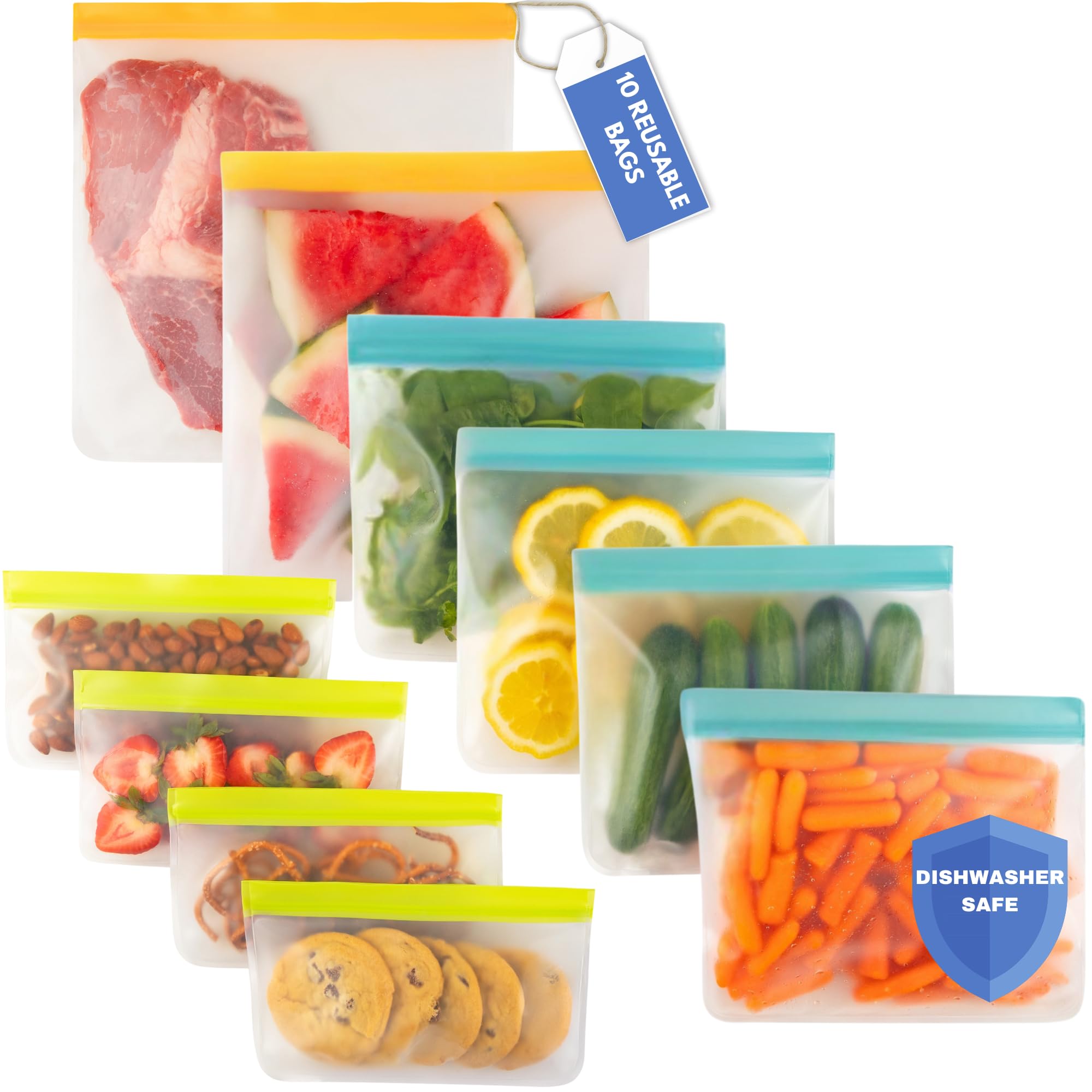 Photo 1 of 10 Pack Dishwasher Safe Reusable Food Storage Bags - Extra Thick Leakproof Silicone Freezer Bags, Reusable Lunch Bag for Salad Fruit Travel - 2 Gallon, 4 Sandwich, and 4 Snack Bags