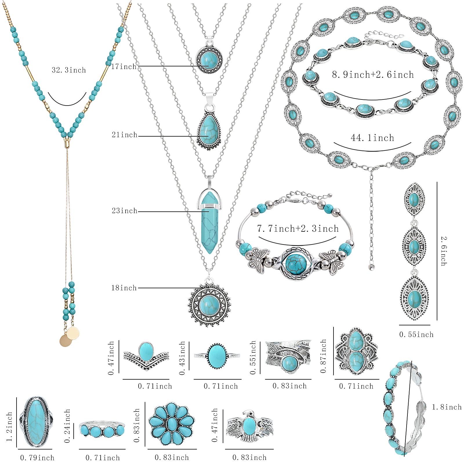 NEWITIN 20 Pieces Silver Bohemian Jewelry Set for Women Fashion Costume Jewels Turquoise Necklace Bracelet Ring Earrings Western Turquoise Jewelry Set for Women