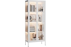 UNICOLY Display Cabinet with Glass Doors, Glass Display Cabinet with with 3 Color LED Lights, Curio Display Cabinet with 3 Shelves for Living Room & Plant, Display Shelf, Assembly Required, White