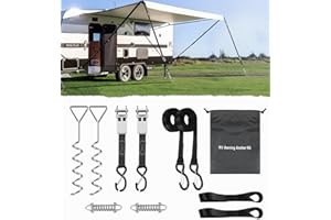 RV Awning Tie Down Kit for Wind-Proof - WanDwel Heavy Duty Camper Anchors Canopy Support Part with Shock Absorbing Spring & 13ft Ratchet Straps for Outdoor Travel Trailer Accessories Set