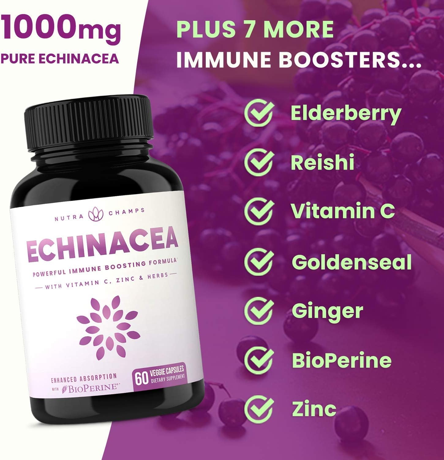 Echinacea Extract 1000mg Supplement with Goldenseal, Elderberry, Organic Reishi, Ginger, Vitamin C & Zinc - BioPerine for Superior Absorption - Immune System Boost & Overall Wellness Vegan Capsules: Health & Personal Care
