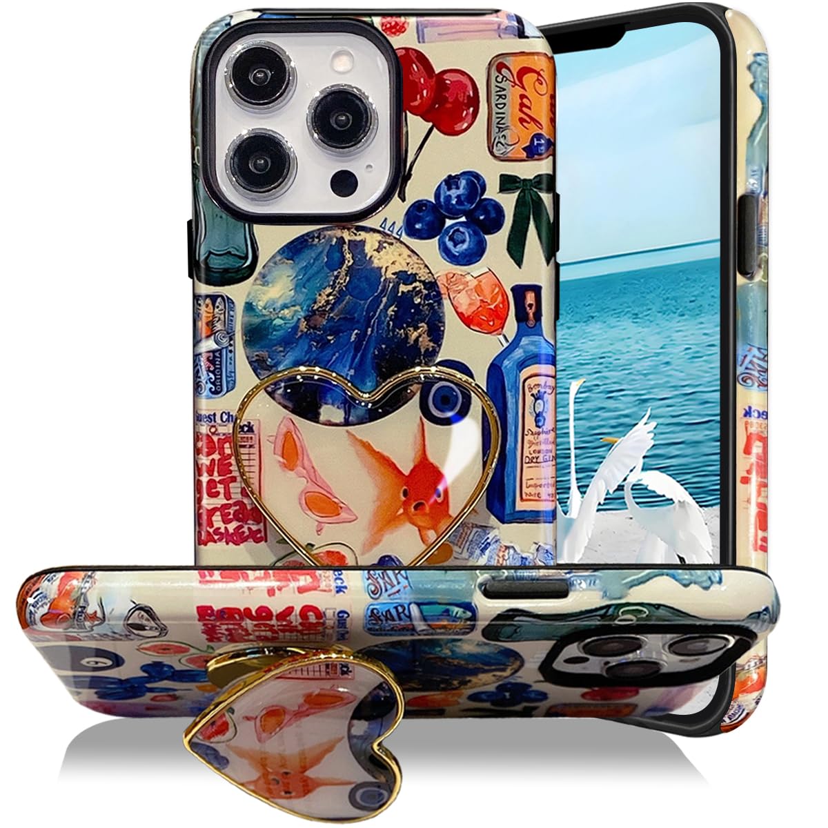Cute Case for iPhone 14 Pro, European Collage Phone Case with Heart Printing Holder Kickstand, Hybrid 2-Layer Soft Hard Shell, Scratch Resistant Shockproof Protective Cover for Girls Boys Women Men
