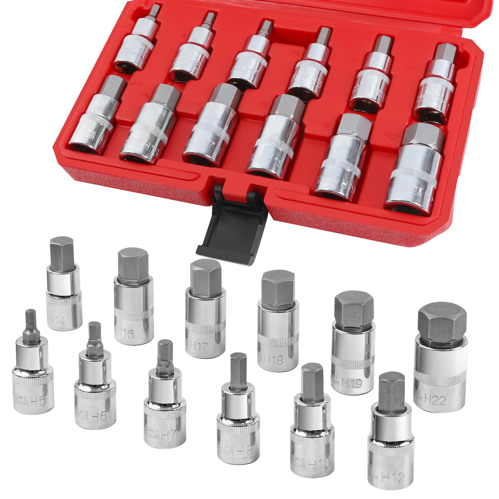 fifibang Socket Set 1/2 Inch Drive, Hex Socket Set 5, 6, 7, 8, 10, 12, 14, 16, 17, 18, 19, 22 mm, Plastic Case