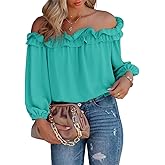 evnanic Womens Casual Off Shoulder Tops Long Sleeve Ruffle Flowy Chiffon Blouses Shirts