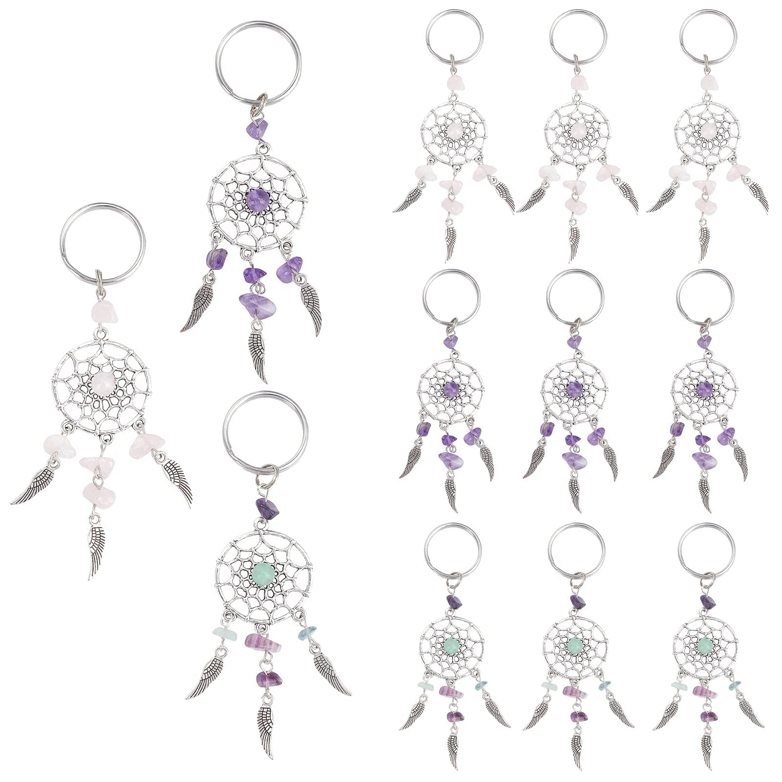 PandaHall Elite 12 pcs 190mm Long Dreamcatcher Key Chain with Natural Chip Gemstone, Tibetan Style Pendants and 316 Stainless Steel Key Ring DIY Keychain Charm Pendant, 3 Styles