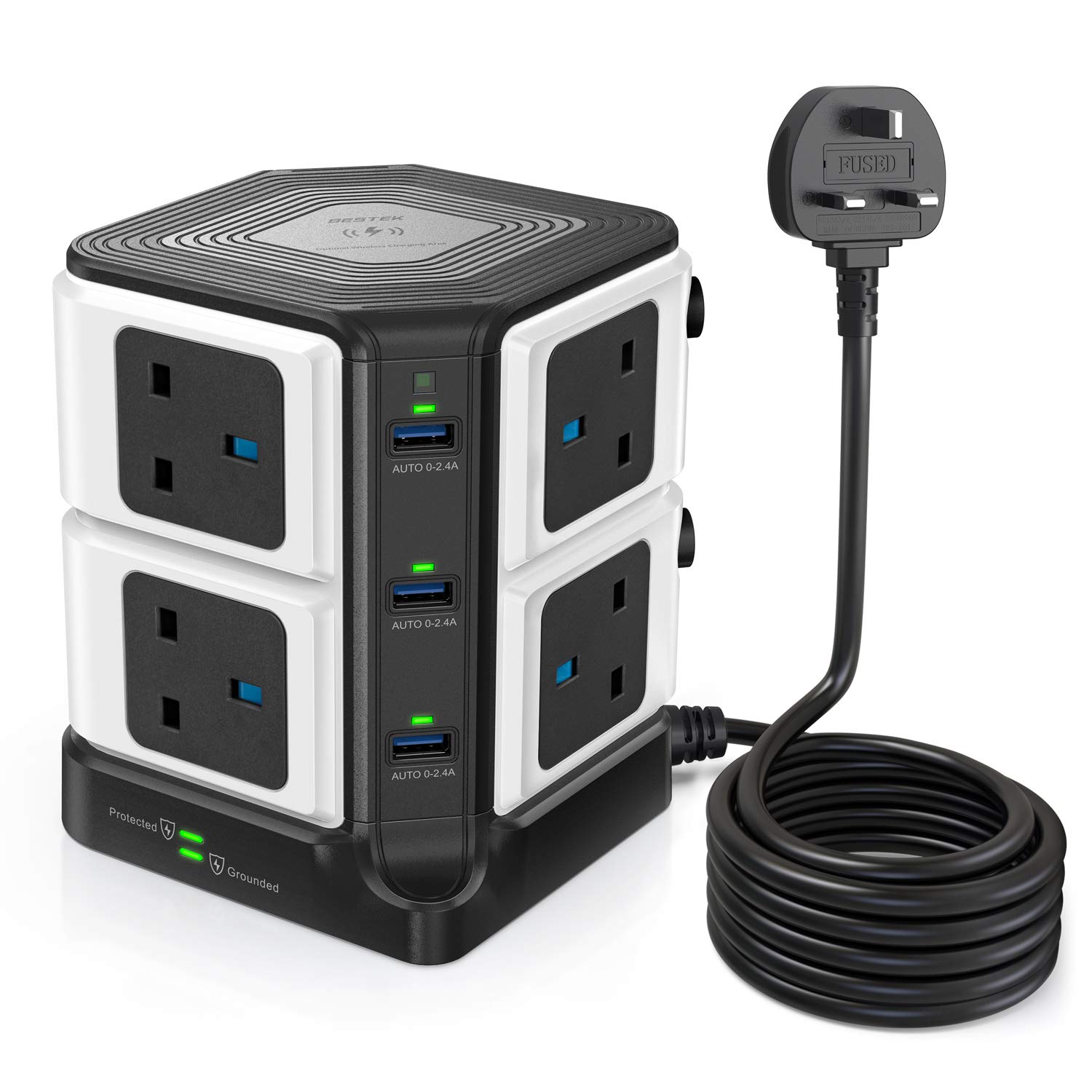 BESTEK 3m 1500J Surge Protector Tower Extension Lead 3250W 8 Way Socket Plug with 6-Port (5V/8A) USB Power Strip (Black)