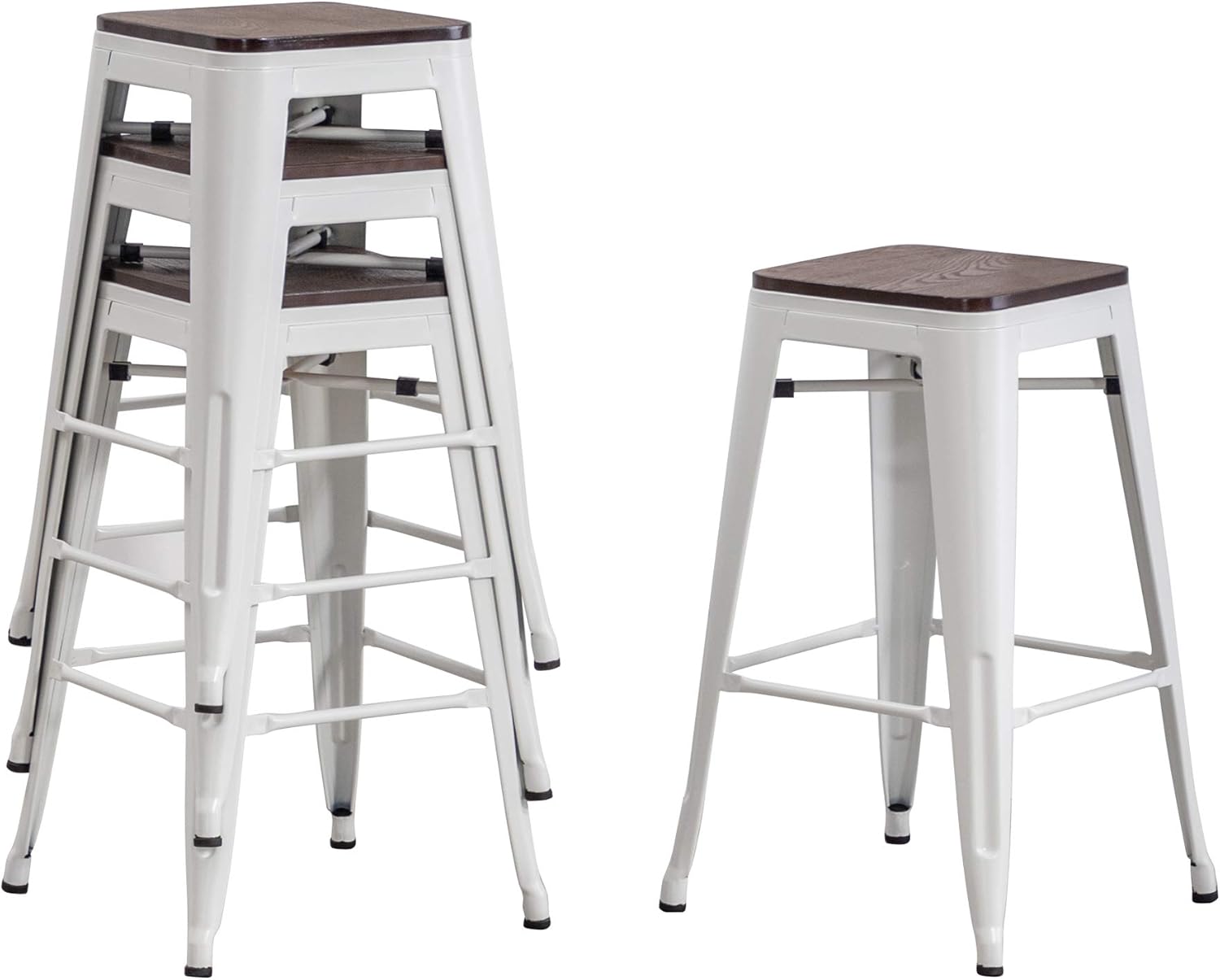 Stackable white metal farmhouse stools with wood seats