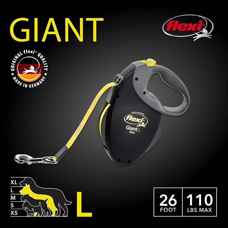 USA - Correa retráctil Gigante de neón para Perro (Cinta), ergonómica, Duradera y sin enredos, para Perros de hasta 50 kg, 7 Metros, Grande, Color Negro