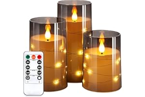 NURADA Flickering Flameless Candles: Built-in Star String Lights 3D Wick Acrylic Battery Operated LED Pillar Candles with Remote and Timer for Fall Halloween Christmas Home Decoration - 3 Pack Gray